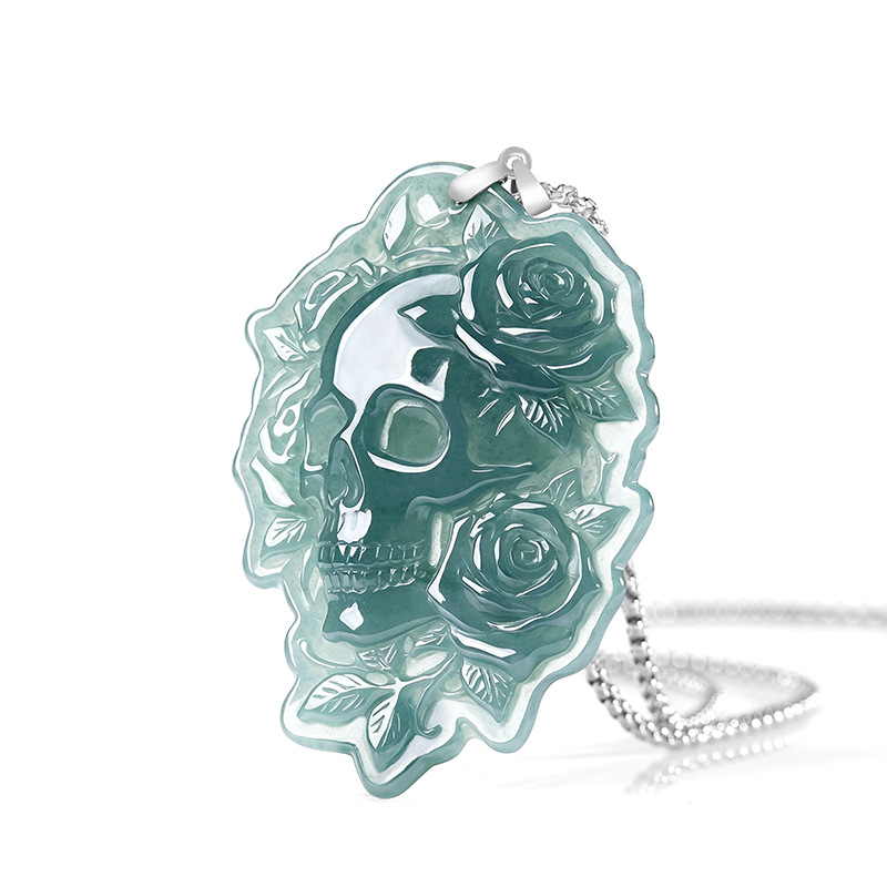 Vintage Necklace - 천연 버마산 비취 두개골 펜던트 목걸이